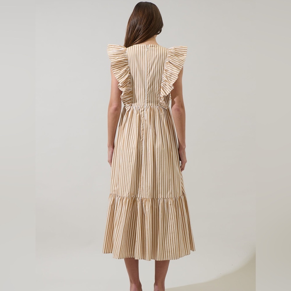 SUGARLIPS LUNA Striped Ruffle- SHOULDER MIDI Dress in Beige and White SIZE S - Picture 10 of 12